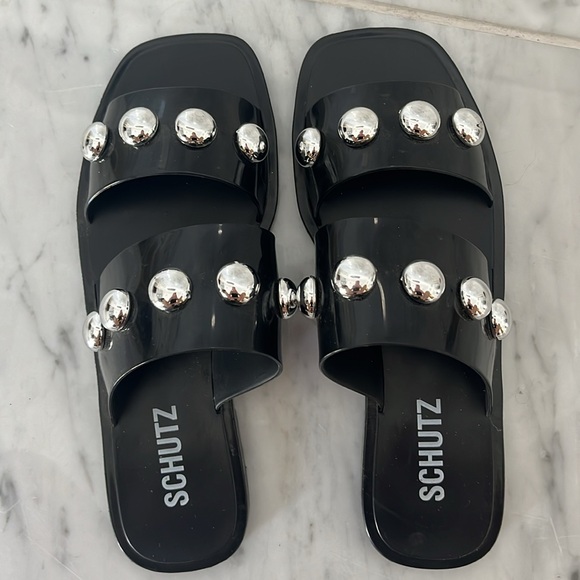 Schutz slides size 7 black with silver metal detail - Picture 2 of 5
